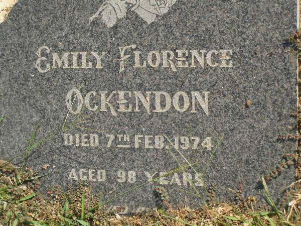 Emily Florence OCKENDON,  | died 7 Feb 1974 aged 98 years;  | Frederick Arthur OCKENDEN,  | father grandfather,  | died 5 Oct 1972 aged 68 years;  | Polson Cemetery, Hervey Bay  | 