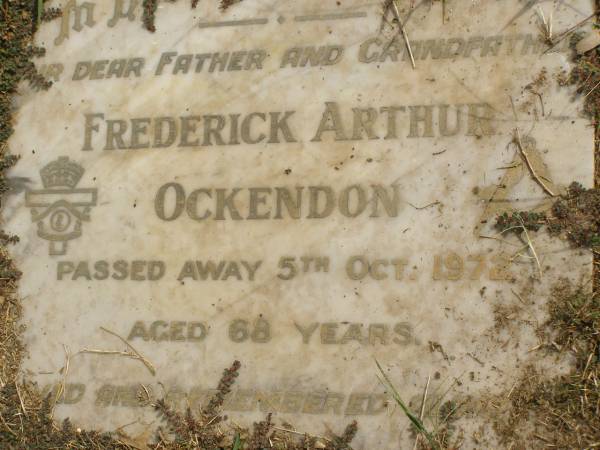 Emily Florence OCKENDON,  | died 7 Feb 1974 aged 98 years;  | Frederick Arthur OCKENDEN,  | father grandfather,  | died 5 Oct 1972 aged 68 years;  | Polson Cemetery, Hervey Bay  | 