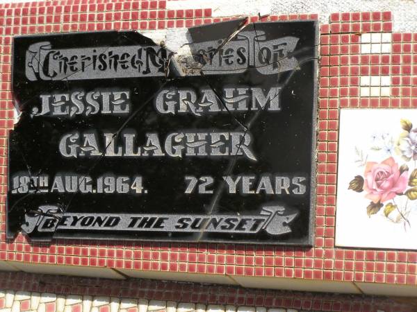 Jessie Grahm GALLAGHER,  | died 18 Aug 1964 aged 72 years;  | Polson Cemetery, Hervey Bay  | 