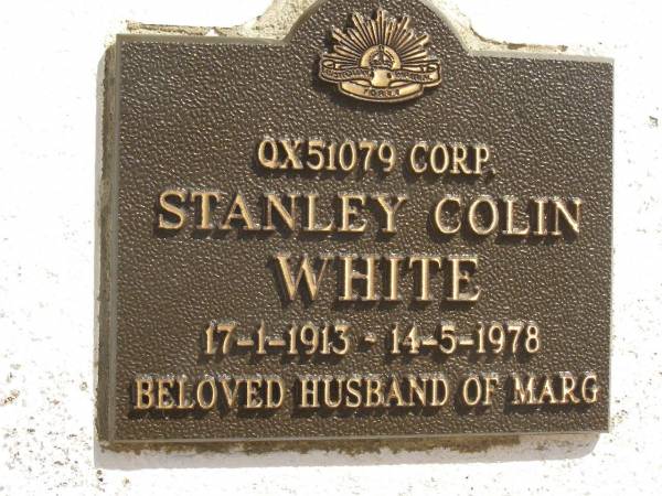Stanley Colin WHITE,  | 17-1-1913 - 14-5-1978,  | husband of Marg;  | Polson Cemetery, Hervey Bay  | 