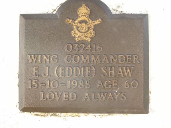 E.J. (Eddie) SHAW,  | died 15-10-1988 aged 60 years;  | Polson Cemetery, Hervey Bay  | 