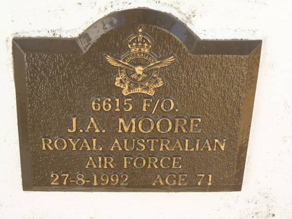 J.A. MOORE,  | died 27-8-1992 aged 71 years;  | Polson Cemetery, Hervey Bay  | 
