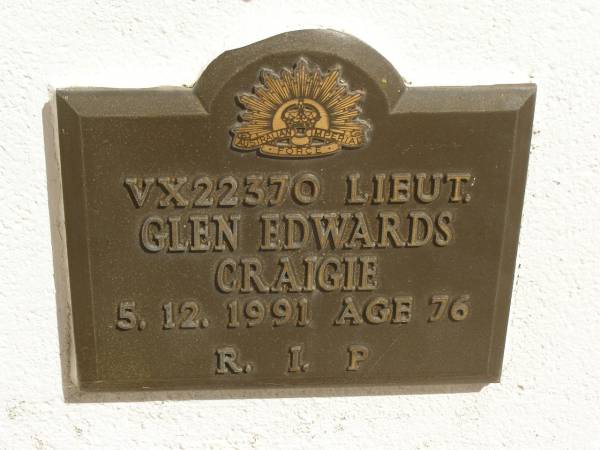 Glen Edwards CRAIGIE,  | died 5-12-1991 aged 76 years;  | Polson Cemetery, Hervey Bay  | 