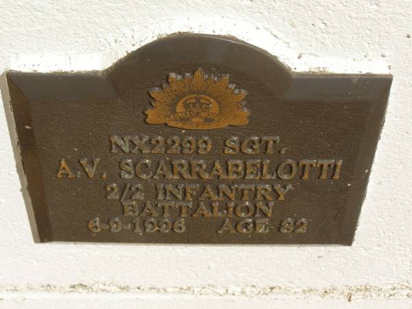 A.V. SCARRABELOTTI,  | died 6-9-1996 aged 82 years;  | Polson Cemetery, Hervey Bay  | 