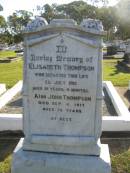 Elisabeth THOMPSON,
died 23 July 1915 aged 81 years 4 months;
John THOMPSON,
died 4 Sep 1917 aged 76 years;
Polson Cemetery, Hervey Bay