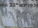 David George,
husband of S.J. STONE,
died 23 Sept 1934 aged 78 years;
Sarah J. STONE,
died 8 Mar 1939 aged 85 years;
Polson Cemetery, Hervey Bay