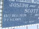 Jospeh SCOTT,
died 15 Dec 1939 aged 77 years;
Eliza SCOTT,
died 20 Oct 1947 aged 85 years;
Polson Cemetery, Hervey Bay