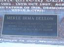Emily Hedwig SEMPF,
wife mother,
died 24 Oct 1954 aged 50 years;
Johann (Jack) SEMPF,
1 Feb 1902 - 15 Oct 1997 aged 95 years,
father of Iris, Demond, Merle & Cyril;
Merle Irma DELLOW,
15 Sept 1933 - 11 Sept 1997 aged 63 years,
mother of Gary, Keith & Dwight,
wife of Keith Henry DELLOW;
Polson Cemetery, Hervey Bay