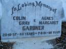 Colin Gray GARDNER,
died 20-10-57 aged 40 years;
Agnes Margaret GARDNER,
died 7-8-81 aged 60 years;
Polson Cemetery, Hervey Bay