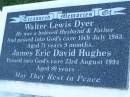 Walter Lewis DYER,
husband fahter,
died 15 July 1963 aged 71 years 9 months;
James Eric David HUGHES,
died 23 Aug 1994 aged 89 years;Jane HUGES,
wife of Walter & James,
mother of Ivy & Walter,
died 29 Nov 1996 aged 95 years;
Walter Horatio DYER,
son of Walter & Jane,
brother of Ivy,
uncle of Dorothy-Jane & David,
27-08-1922 - 05-03-2007;
Polson Cemetery, Hervey Bay