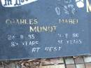 Charles MUNDT,
died 24-11-85 aged 89 years;
Mabel MUNDT,
died 3-8-86 aged 90 years;
Polson Cemetery, Hervey Bay