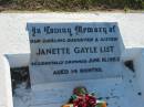 Janette Gayle LIST,
daughter sister,
accidentally drowned 15 June 1957 aged 14 months;
Polson Cemetery, Hervey Bay