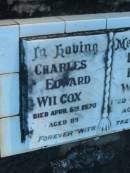 Charles Edward WILCOX,
died 6 April 1970 aged 89 years;
Betty Ellen WILCOX,
died 3 Oct 1967 aged 78 years;
Polson Cemetery, Hervey Bay