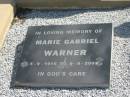 G.W.H. WARNER,
died 30 June 1998 aged 78 years,
husband;
Marie Gabriel WARNER,
5-9-1916 - 9-8-2003;
Polson Cemetery, Hervey Bay