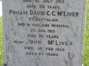 Sarah Jane,
wife of John MCLIVER,
died 12 Sept 1913 aged 61 years;
Robert Dunlop,
son,
died 21 July 1913 aged 28 years;
David C.C. MCLIVER,
son,
died Adelaide Hospital 23 Aug 1915 aged 20 years;
John MCLIVER,
died 17 Feb 1929 aged 83 years;
Polson Cemetery, Hervey Bay