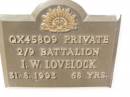I.W. LOVELOCK,
died 31-8-1993 aged 68 years;
Polson Cemetery, Hervey Bay