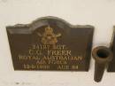 C.G. FREER,
died 12-9-1998 aged 84 years;
Polson Cemetery, Hervey Bay