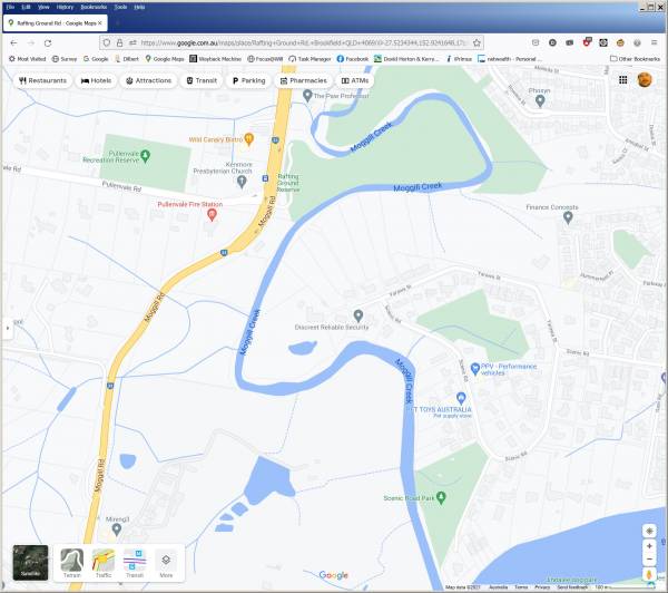 2021 google maps view of Pullenvale road and Rafting Ground, with marker for Pullenvale Recreation Reserve being in approximate position of cemetery reserve marked in 1893.  |   | (site of) Pullenvale Rafting Ground cemetery, Brisbane  |   | 
