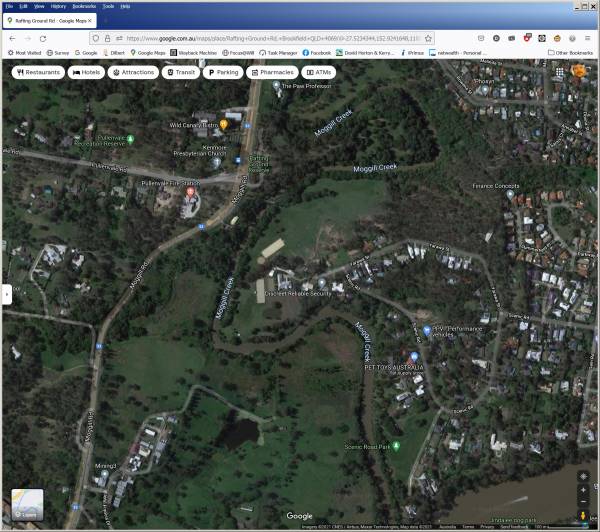 2021 google maps view of Pullenvale road and Rafting Ground, with marker for Pullenvale Recreation Reserve being in approximate position of cemetery reserve marked in 1893.  |   | (site of) Pullenvale Rafting Ground cemetery, Brisbane  | 