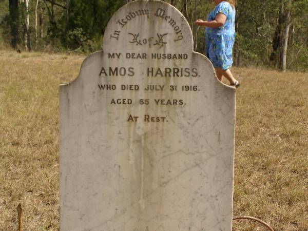 Amos HARRISS,  | husband,  | died 31 July 1916 aged 65 years;  | Ravensbourne cemetery, Crows Nest Shire  | 