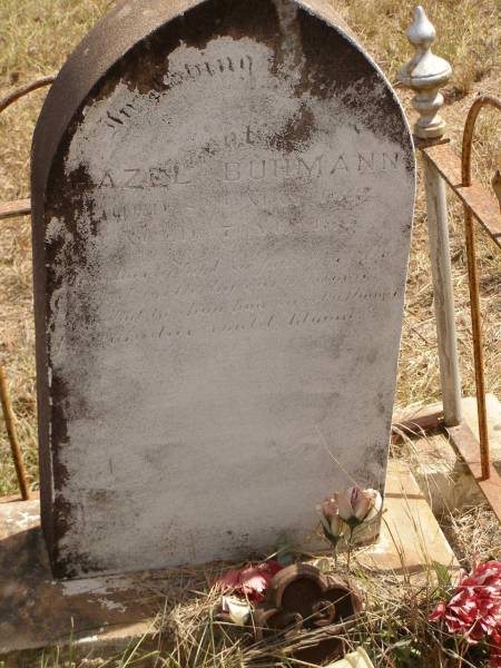 Hazel BUHMANN,  | died 8 May 1919 aged 7 years;  | Ravensbourne cemetery, Crows Nest Shire  | 