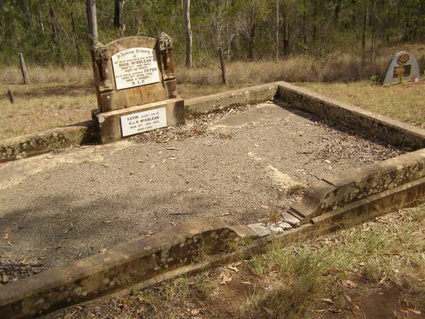 Hugh MCERLEAN,  | husband father,  | died 11 Jan 1908 aged 45 years;  | Peter,  | son brother,  | died 9 April 1902 aged 8 months;  | Kevin,  | infant son of H. & K. MCERLEAN,  | died 3 July 1923 aged 1 day;  | Ravensbourne cemetery, Crows Nest Shire  | 