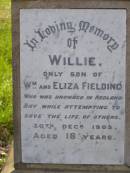 
Willie, only son of William & Eliza FIELDING,
drowned Redland Bay 30 Dec 1905 aged 18 years;
Serpentine Creek Cemetery, Redlands Shire
