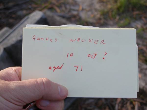 Aeneas WALKER,  | died 1 Oct 1906? aged 71 years;  | Serpentine Creek Cemetery, Redlands Shire  | 