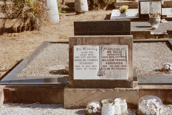 William Thomas SCHIRMER  | d: 20 Jan 1969 aged 67  |   | wife  | Madeline Frances SCHIRMER  | d: 12 Nov 1993 aged 87  |   |   | North Rockhampton Cemetery  |   | 