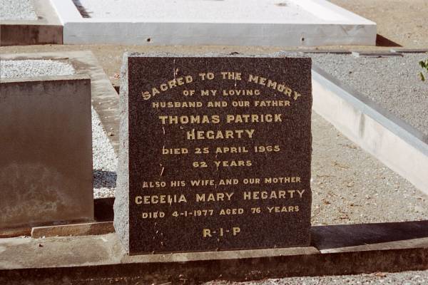 Thomas Patrick HEGARTY  | d: 25 Apr 1965 aged 62  |   | wife  | Cecelia Mary HEGARTY  | d: 4 Jan 1977 aged 76  |   |   | North Rockhampton Cemetery  |   | 
