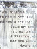 
Wilhelmina KATT,
born 31 Oct 1866 died 3 Sept 1929;
Hermann KATT,
born 26 May 1864 died 10 Sept 1946;
Ropeley Immanuel Lutheran cemetery, Gatton Shire
