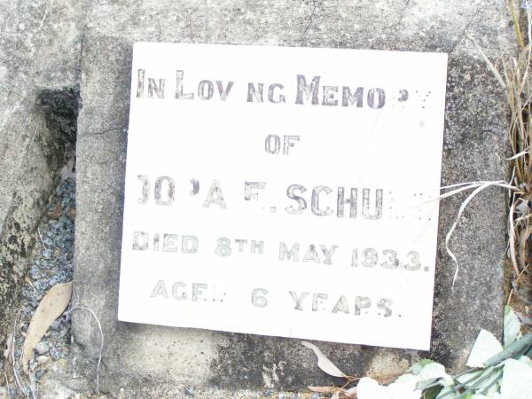 Dora E. SCHULZ,  | died 8 May 1933 aged 6 years;  | Ropeley Immanuel Lutheran cemetery, Gatton Shire  | 