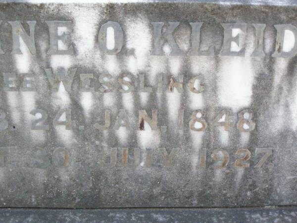 A.R. KLEIDON,  | born 20 FEb 1850 died 30 July 1923;  | Karoline O. KLEIDON, nee WESSLING,  | born 24 Jan 1848 died 30 July 1927;  | Ropeley Immanuel Lutheran cemetery, Gatton Shire  | 