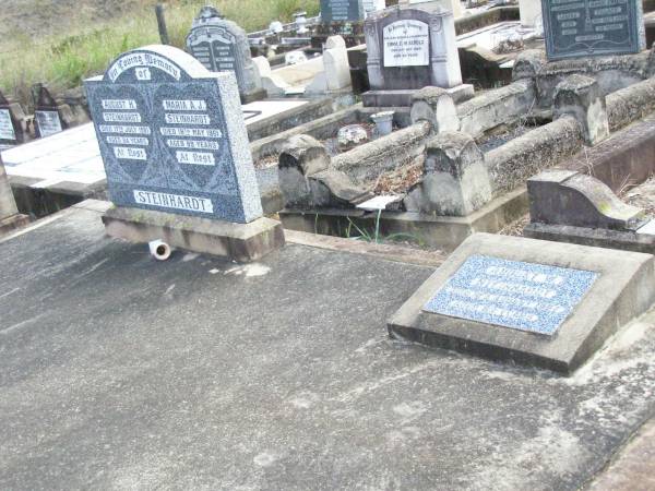 August H. STEINHARDT,  | died 17 July 1951 aged 84 years;  | Maria A.J. STEINHARDT,  | died 18 May 1961 aged 89 years;  | August W. STEINHARDT,  | died 10? August 1952 aged 63 years;  | Ropeley Immanuel Lutheran cemetery, Gatton Shire  | 