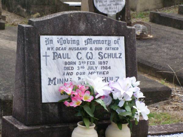 Paul C.W. SCHULZ, husband father,  | born 3 Feb 1897 died 3 July 1984;  | Minna M. SCHULZ, mother,  | born 8 July 1911 died 30 Jan 1987;  | Ropeley Immanuel Lutheran cemetery, Gatton Shire  | 