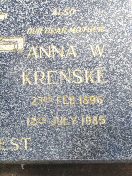 Otto A.C. KRENSKE, husband father,  | 6 May 1893 - 28 Aug 1969;  | Anna W. KRENSKE, mother,  | 23 Feb 1896 - 12 July 1985;  | Ropeley Immanuel Lutheran cemetery, Gatton Shire  |   | 