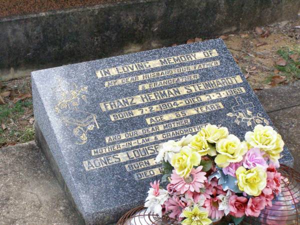 Franz Herman STEINHARDT,  | husband father grandfather,  | born 7-2-1904 died 3-3-1969 aged 65 years;  | Agnes Louise STEINHARDT,  | mother mother-in-law grandmother,  | born 30-6-1905 died 10-7-1970;  | Ropeley Immanuel Lutheran cemetery, Gatton Shire  |   | 