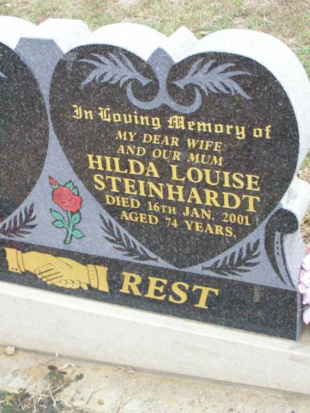 Hilda Louise STEINHARDT,  | wife mum,  | died 16 Jan 2001 aged 74 years;  | Ropeley Immanuel Lutheran cemetery, Gatton Shire  | 