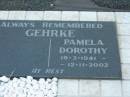 Pamela Dorothy GEHRKE,
19-3-1941 - 12-11-2002;
Rosevale Church of Christ cemetery, Boonah Shire