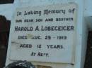 Harold A. LOBEGEIGER, son brother,
died 25 Aug 1919 aged 12 years;
Rosevale Church of Christ cemetery, Boonah Shire