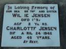 Willie JENSEN, brother,
died 1897 aged 2 years;
Charlotte JENSEN, sister,
died 24 April 1942 aged 45 years;
Rosevale Church of Christ cemetery, Boonah Shire