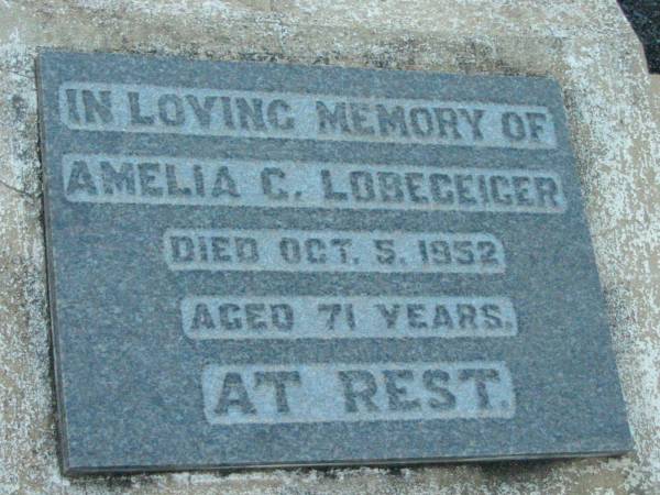 Amelia C. LOGEGEIGER,  | died 5 Oct 1952 aged 71 years;  | Rosevale Church of Christ cemetery, Boonah Shire  | 