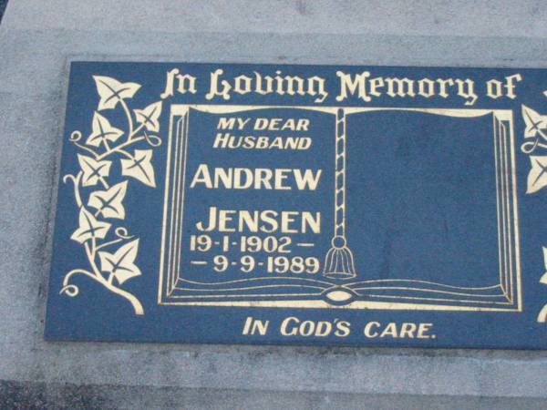 Andrew JENSEN, husband,  | 19-1-1902 - 9-9-1989;  | Rosevale Church of Christ cemetery, Boonah Shire  | 