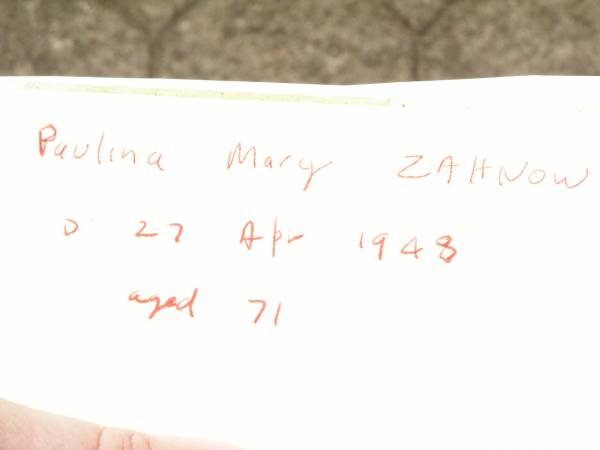 Paulina Mary ZAHNOW,  | died 27 April 1947 aged 71 years;  | Rosevale St Paul's Lutheran cemetery, Boonah Shire  | 