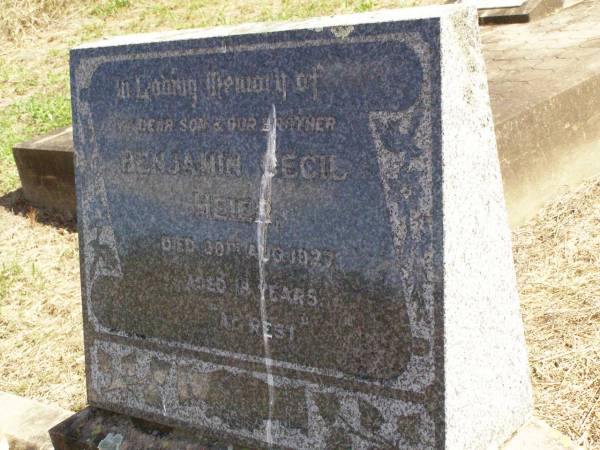 Benjamin Cecil MEIER, son brother,  | died 30 Aug 1927 aged 18 years;  | Rosevale St Paul's Lutheran cemetery, Boonah Shire  | 