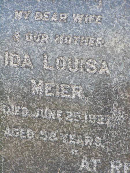 Ida Louisa MEIER, wife mother,  | died 25 June 1927 aged 58 years;  | Rosevale St Paul's Lutheran cemetery, Boonah Shire  | 