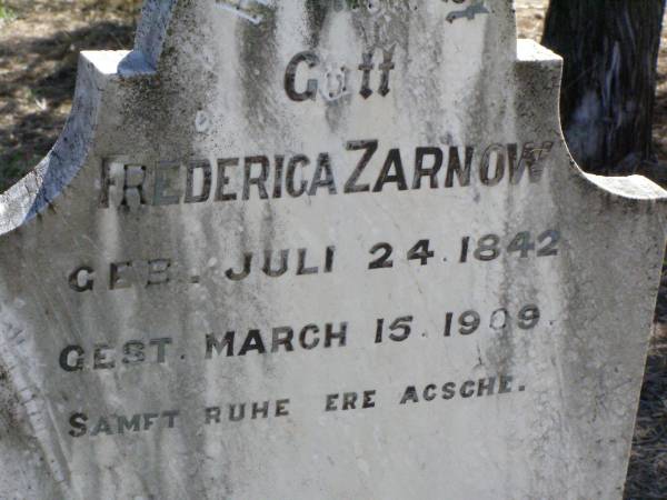 Frederica ZARNOW,  | born 24 July 1842 died 15 March 1909;  | Rosevale St Paul's Lutheran cemetery, Boonah Shire  | 