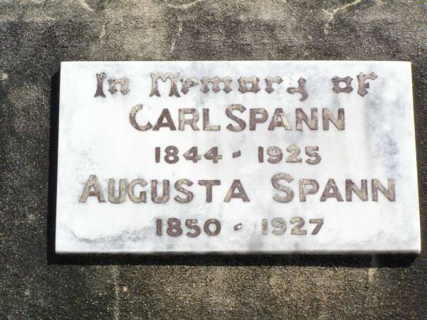 Carl SPANN,  | 1844 - 1925;  | Augusta SPANN,  | 1850 - 1927;  | Rosevale St Paul's Lutheran cemetery, Boonah Shire  | 