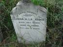 
Louisa A. LAWRANCE,
died 11 Dec 1901 aged 10 years;

Rosevale Methodist, C. Zahnow Road memorials, Boonah Shire

