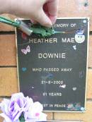 
Heather Mae DOWNIE,
died 21-8-2002 aged 61 years;
Rosewood Uniting Church Columbarium wall, Ipswich
